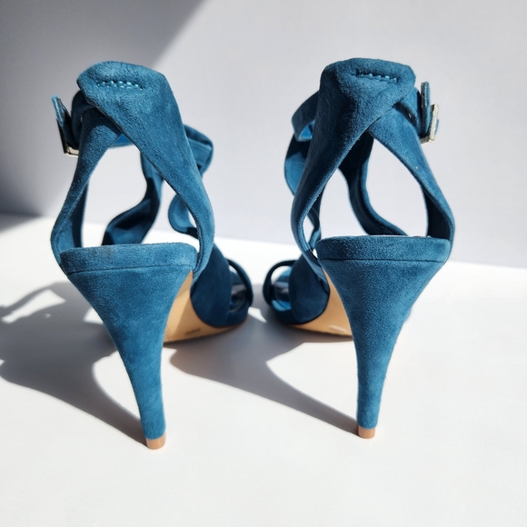 NWOT Vince Camuto 6.5M Kalentie Teal Suede Open Toe Sandals 3.5" Stiletto Heel - Picture 6 of 12